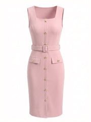 Sleeveless Square Neck Formal Belted Midi Work Dress