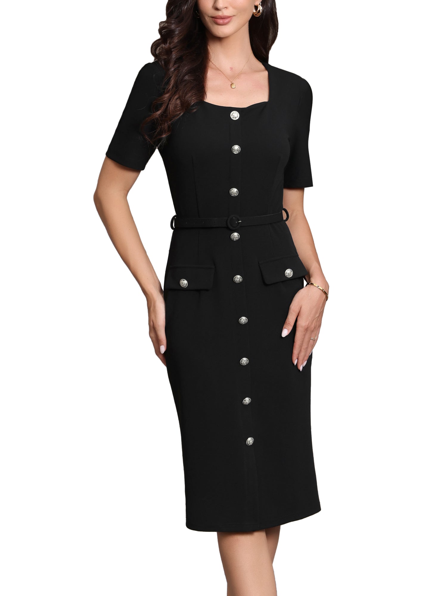 Work Square Neck Button Down Short Sleeve Sheath Dress with Belt