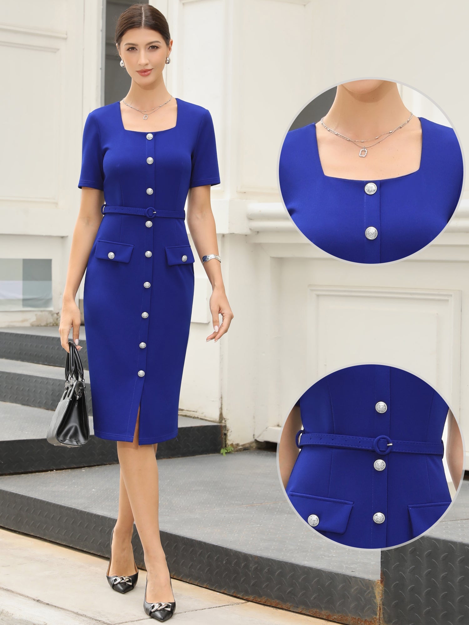 Work Square Neck Button Down Short Sleeve Sheath Dress with Belt