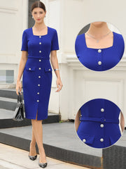 Work Square Neck Button Down Short Sleeve Sheath Dress with Belt