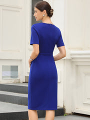 Work Square Neck Button Down Short Sleeve Sheath Dress with Belt