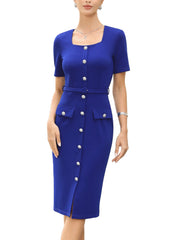Work Square Neck Button Down Short Sleeve Sheath Dress with Belt