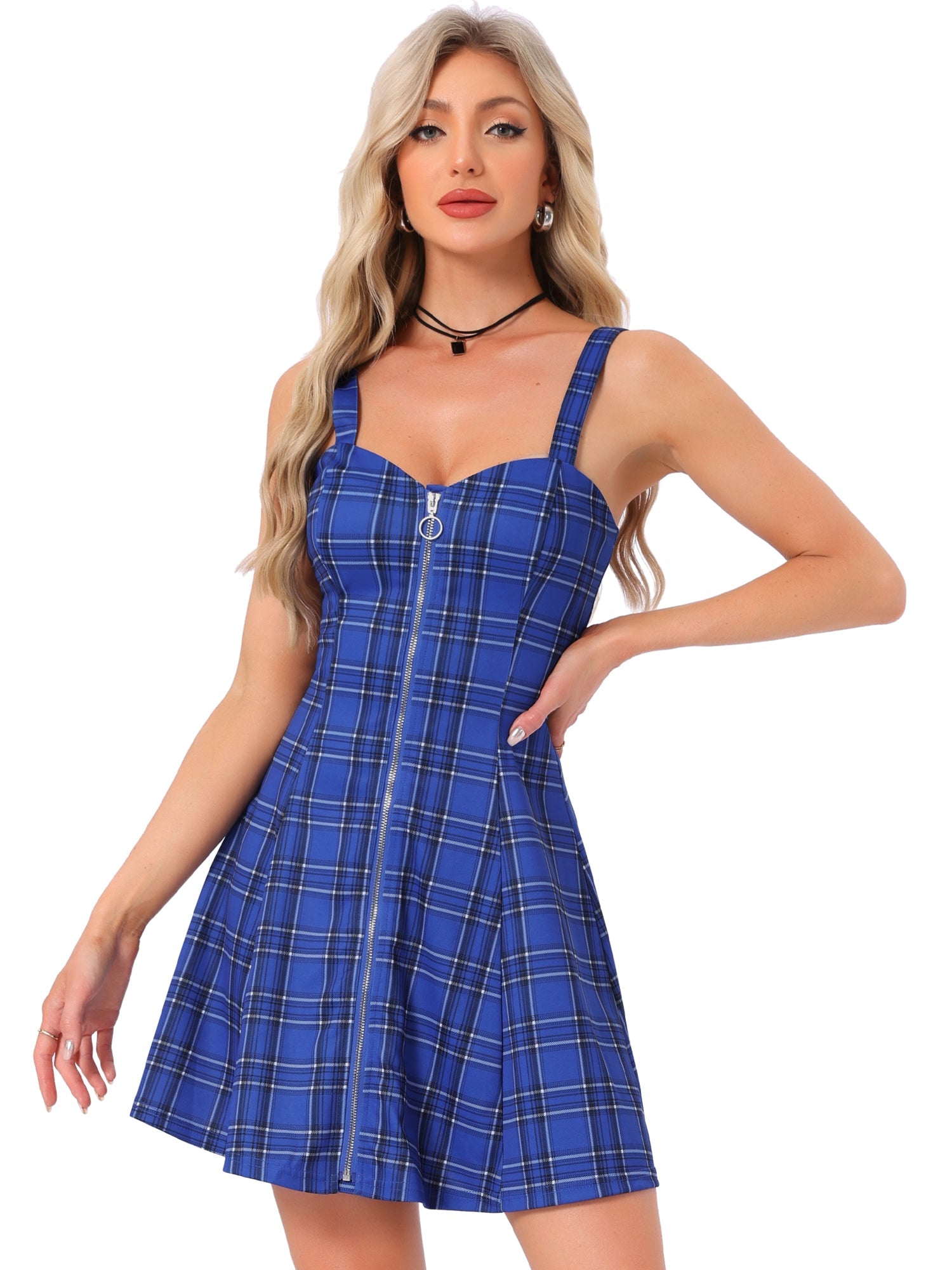 Plaid Zipper Front Party Strap Sleeveless Tube Mini A-Line Dress