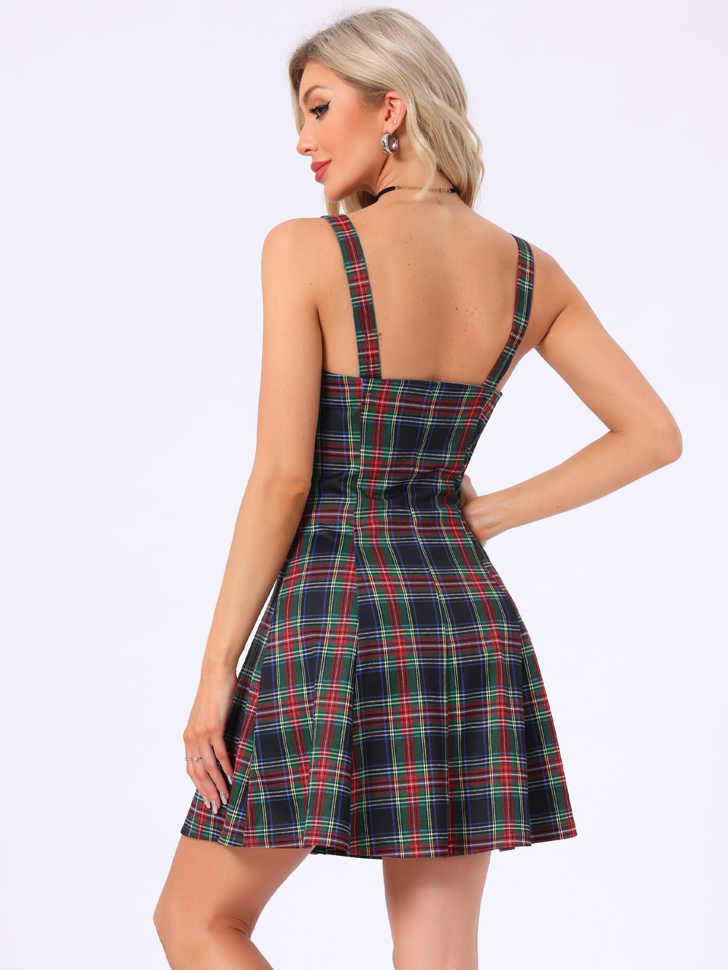 Plaid Zipper Front Party Strap Sleeveless Tube Mini A-Line Dress