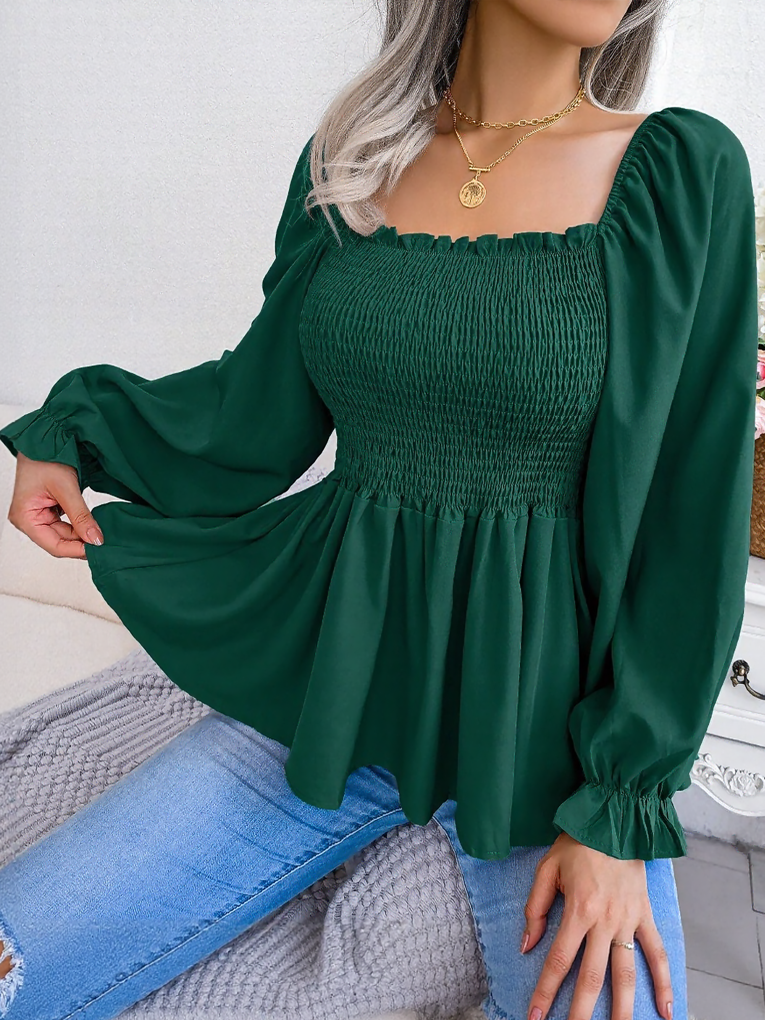 Ruffle Square Neck Smocked Long Sleeves Peplum Blouse