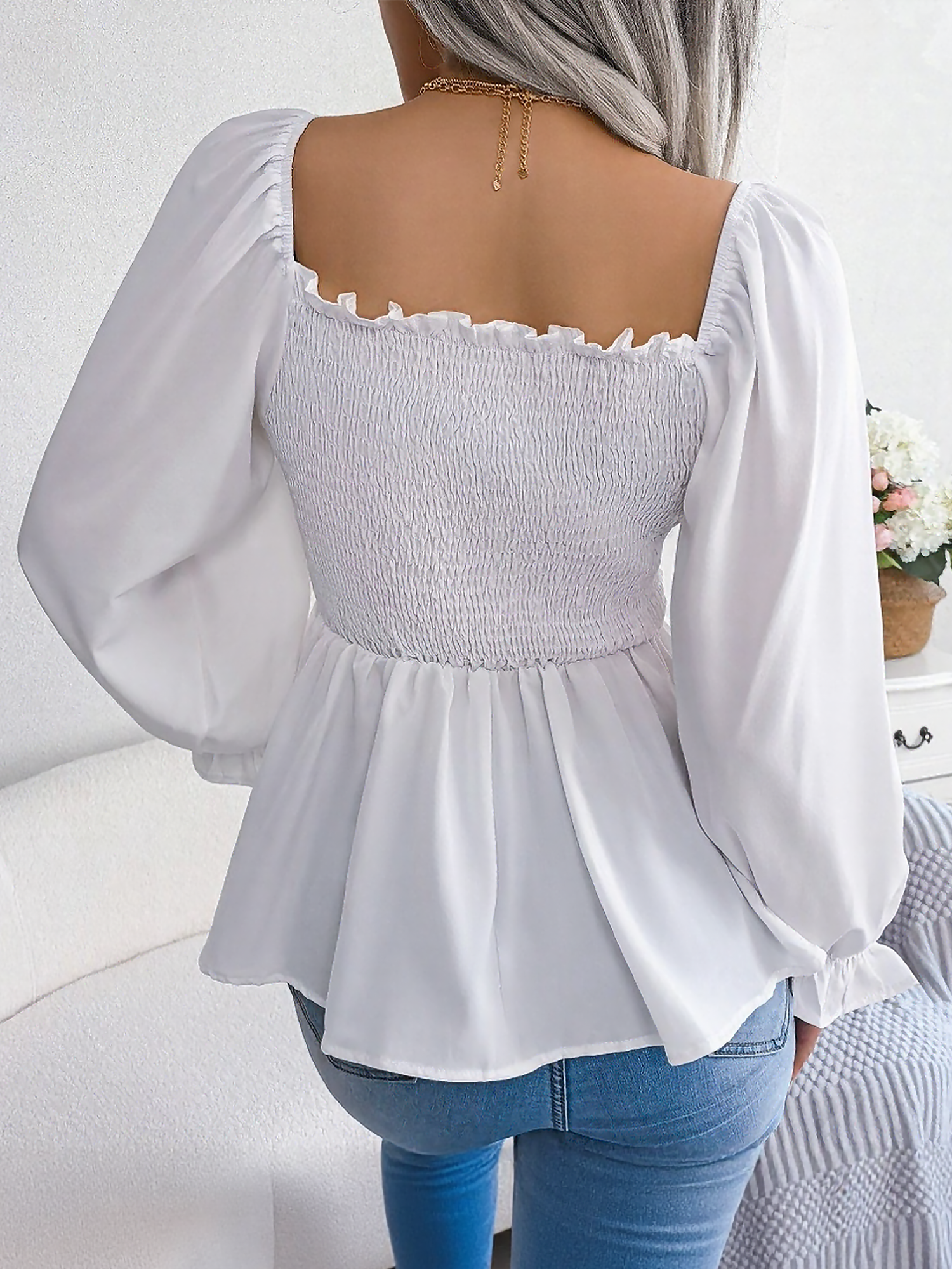 Ruffle Square Neck Smocked Long Sleeves Peplum Blouse