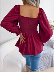 Ruffle Square Neck Smocked Long Sleeves Peplum Blouse