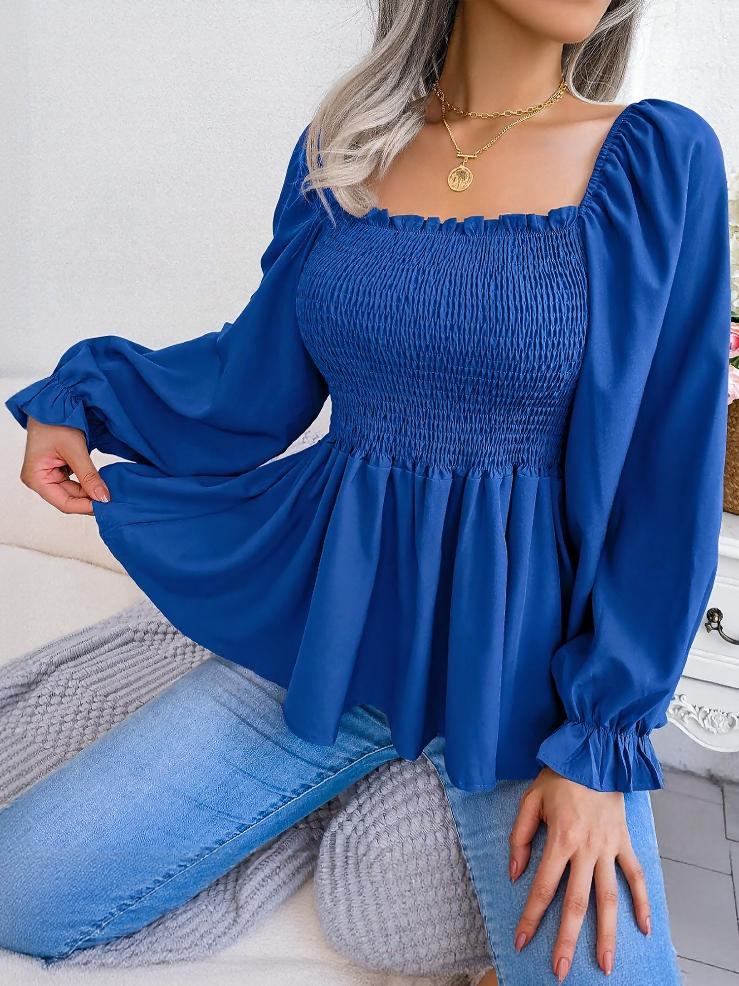 Ruffle Square Neck Smocked Long Sleeves Peplum Blouse