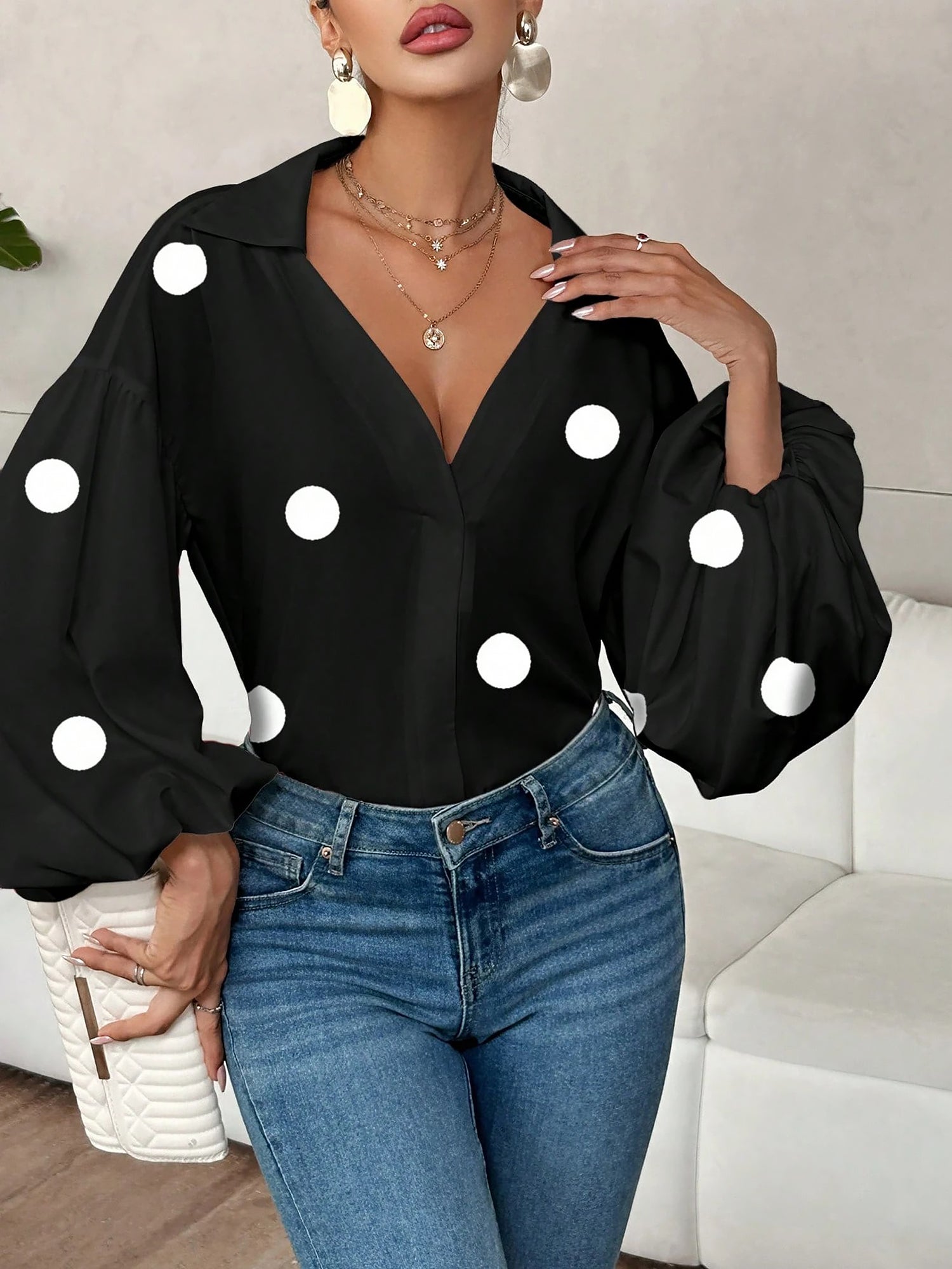 Collar V Neck Polka Dot Puff Long Sleeves Casual Blouse