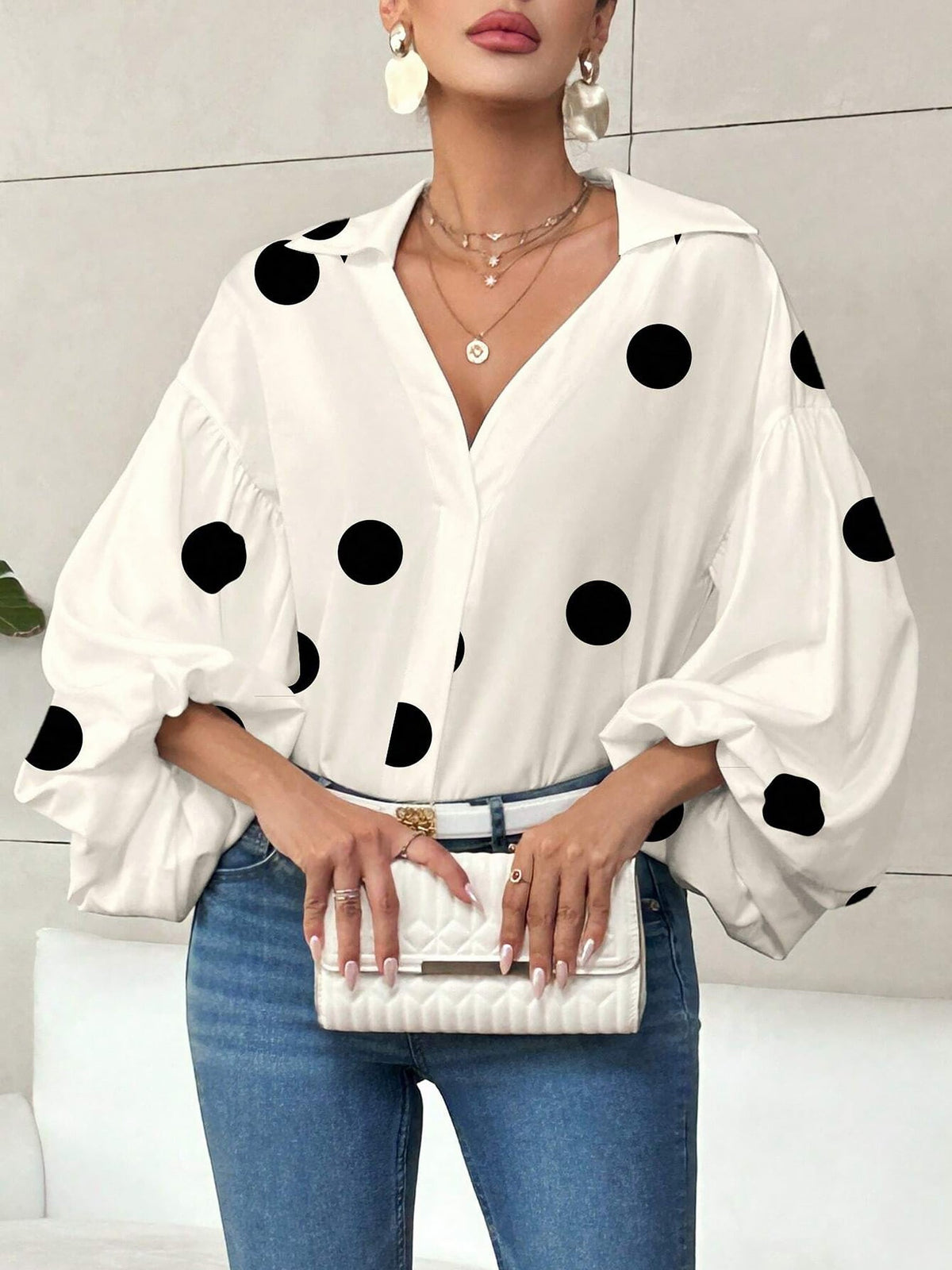 Collar V Neck Polka Dot Puff Long Sleeves Casual Blouse
