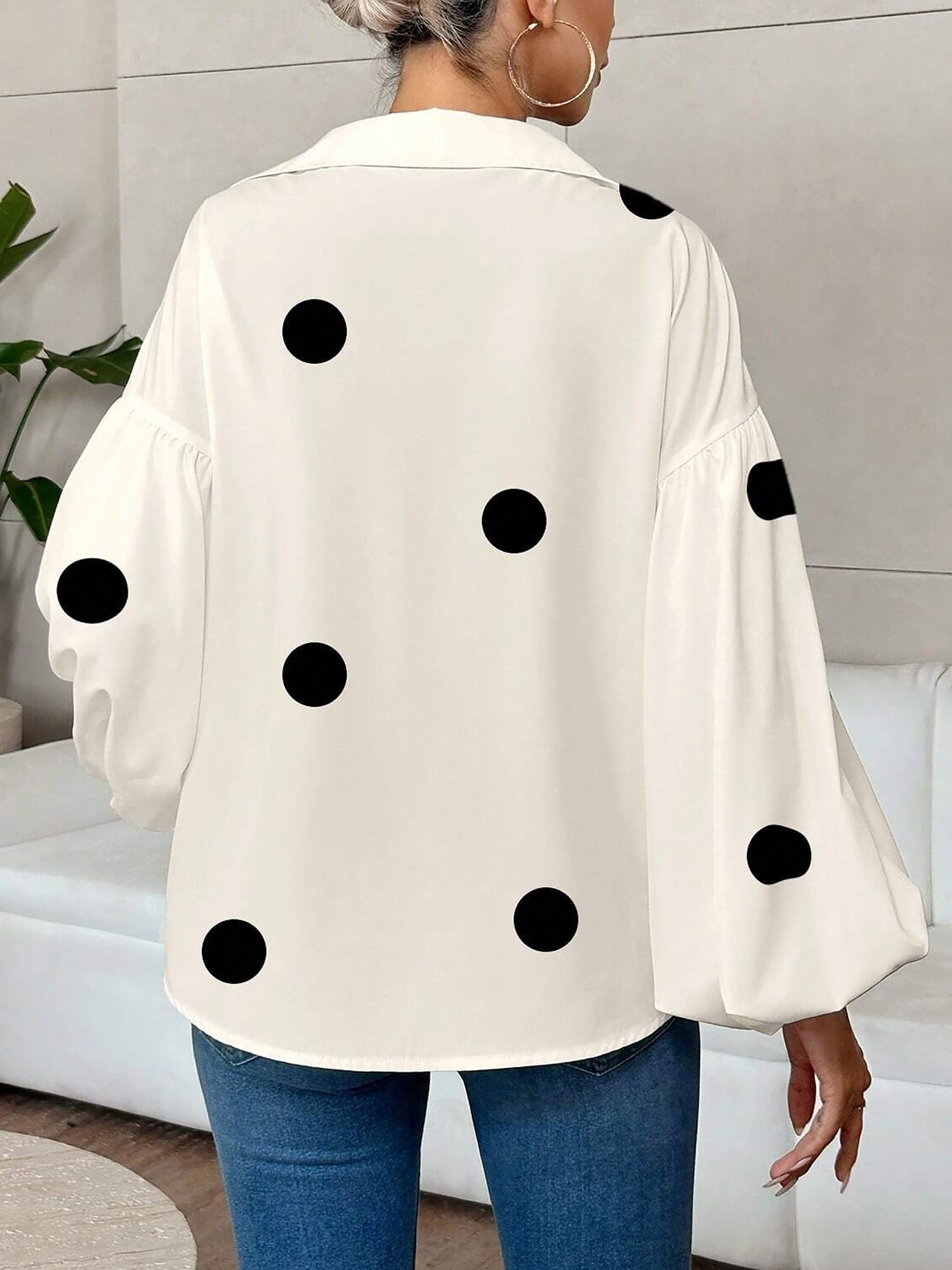 Collar V Neck Polka Dot Puff Long Sleeves Casual Blouse