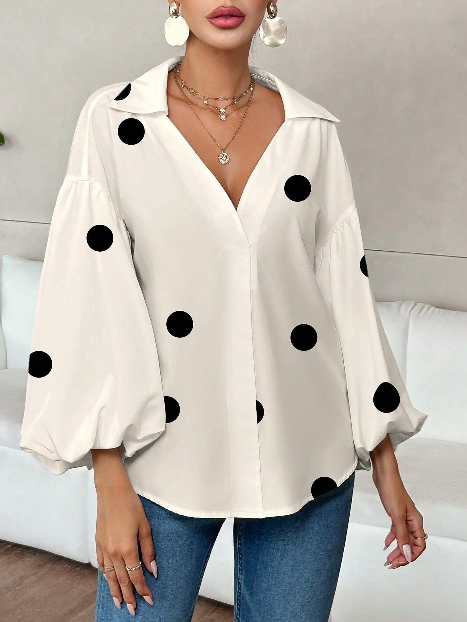 Collar V Neck Polka Dot Puff Long Sleeves Casual Blouse