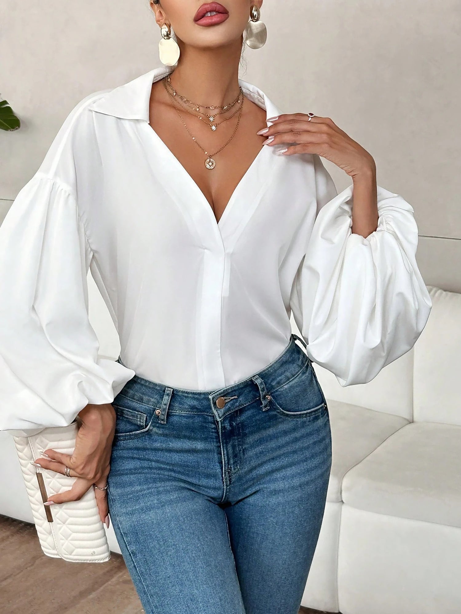 Collar V Neck Puff Long Sleeves Solid Color Blouse