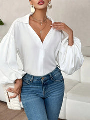 Collar V Neck Puff Long Sleeves Solid Color Blouse