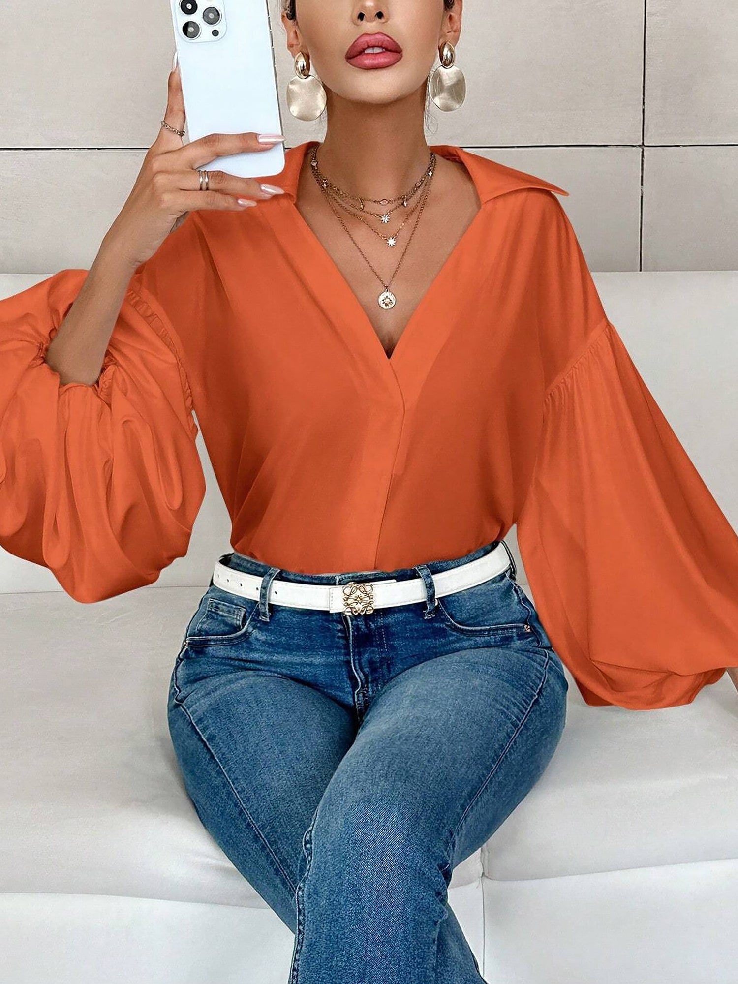 Collar V Neck Puff Long Sleeves Solid Color Blouse