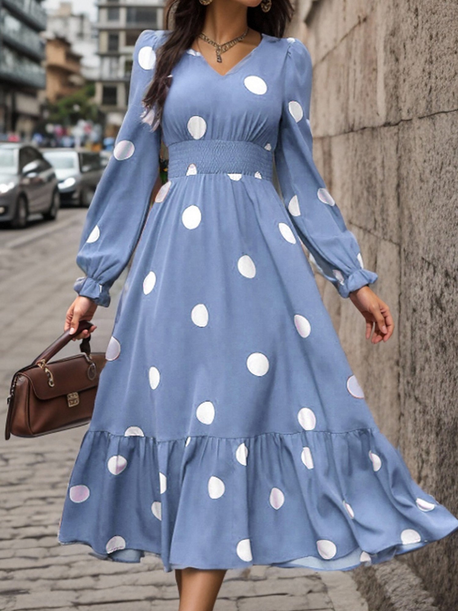 Polka Dots Print V Neck Long Sleeve A-Line Swing Dress