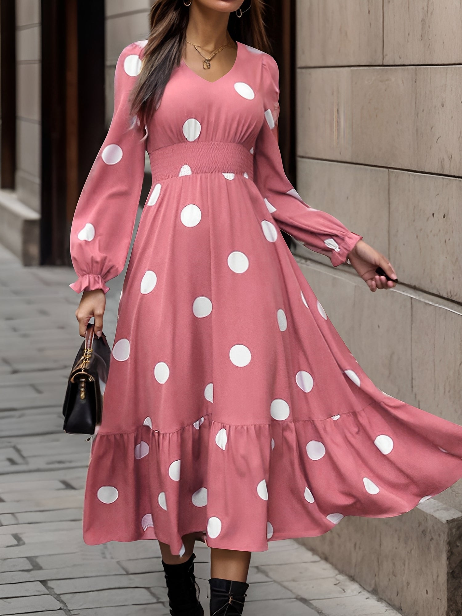 Polka Dots Print V Neck Long Sleeve A-Line Swing Dress