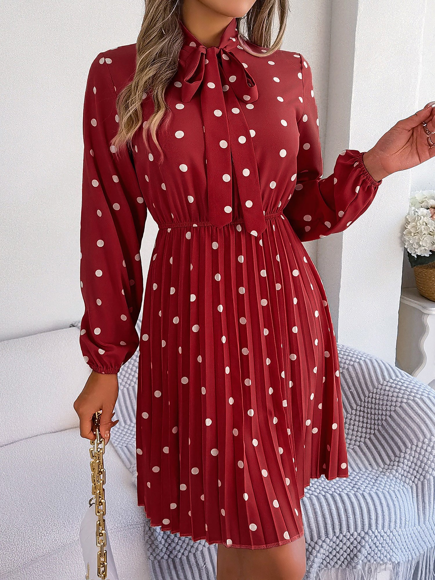 Polka Dot Bow Tie Neck Long Sleeve Pleated Dress