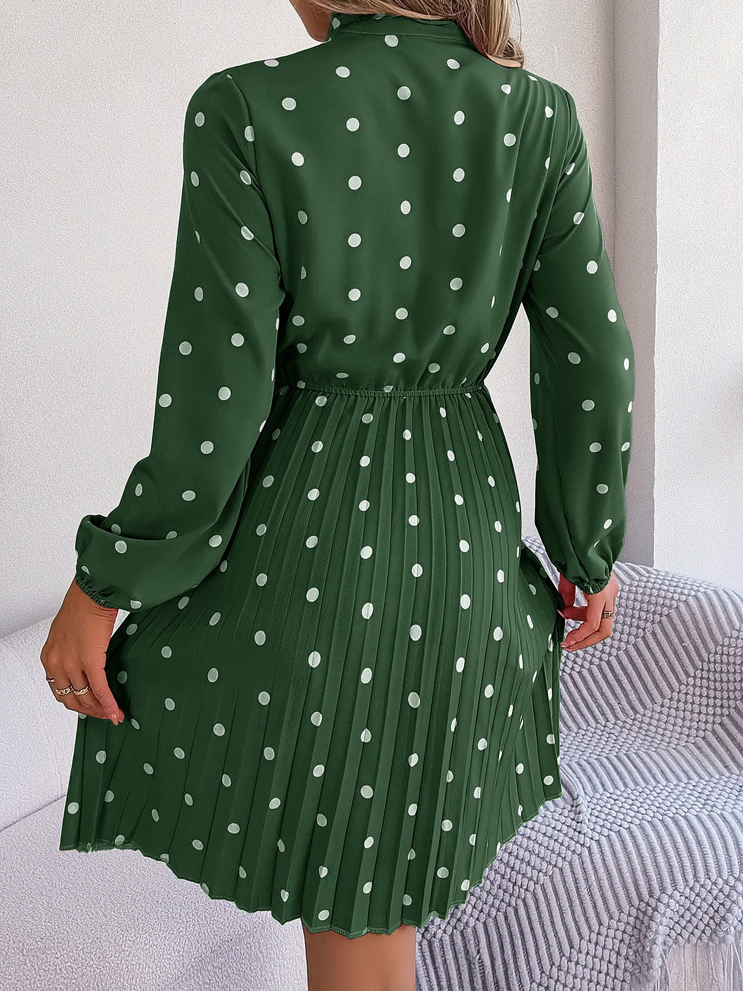 Polka Dot Bow Tie Neck Long Sleeve Pleated Dress