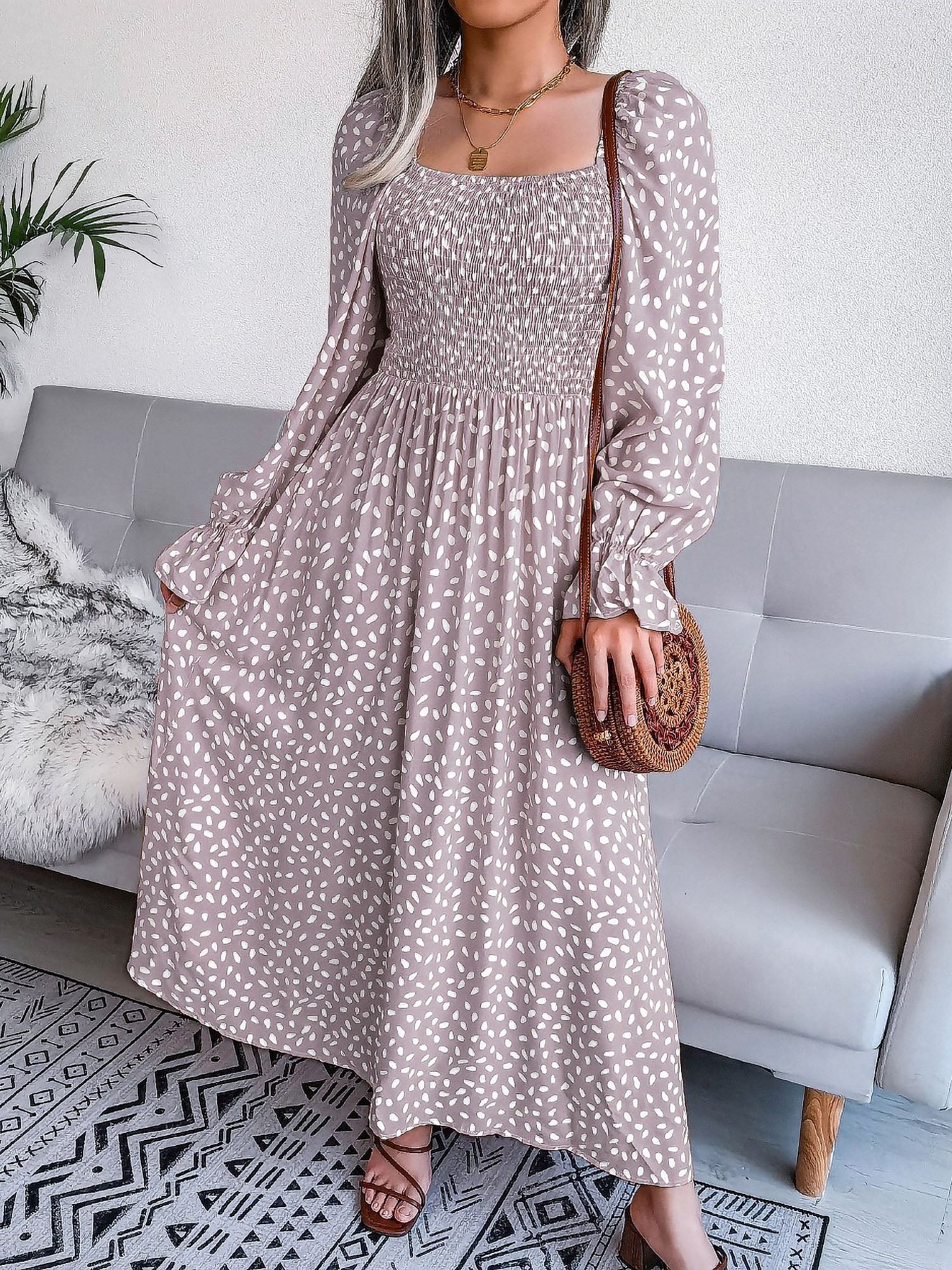 Square Neck Smocked Graphic Long Sleeve Maxi Dress