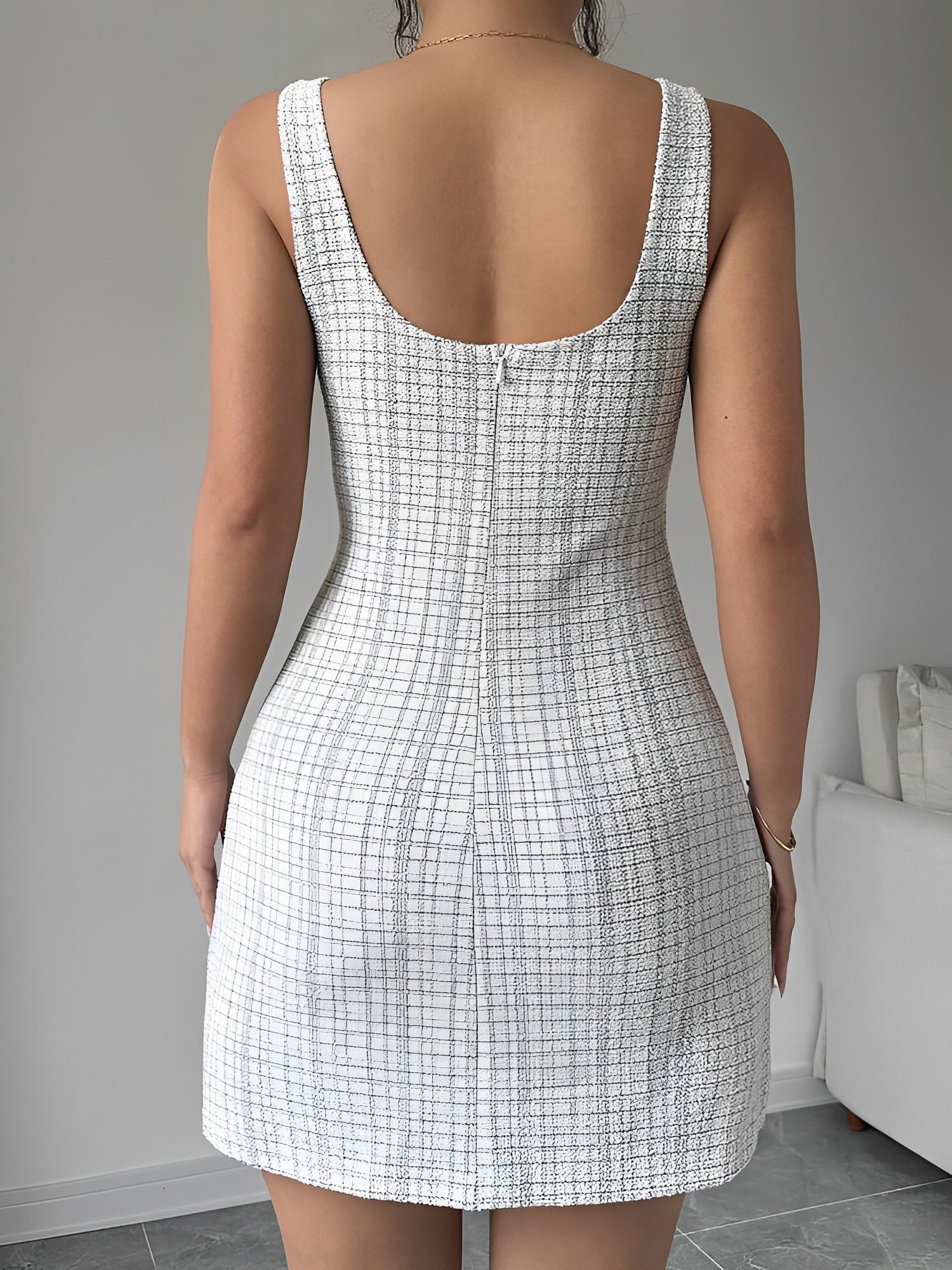 U Neck Tweed Sleeveless Plaid Bodycon Mini Dress