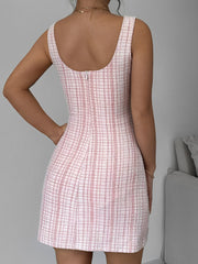 U Neck Tweed Sleeveless Plaid Bodycon Mini Dress