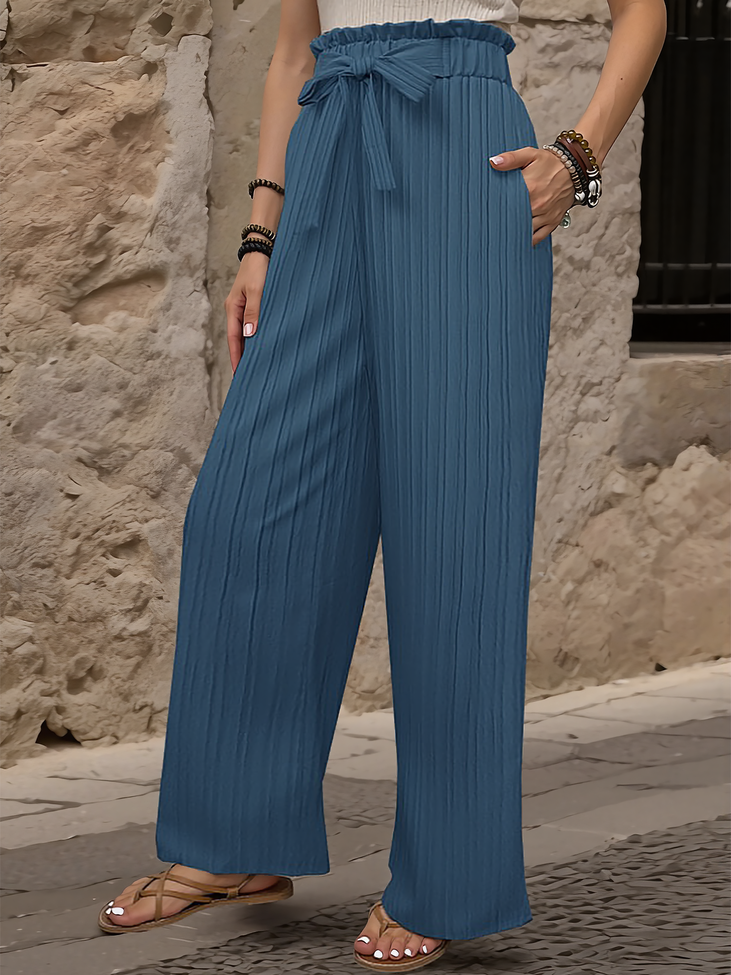 Ruffle Bow Tie Straight Legs Textured Paper Bag Pants