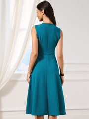 Pleated Crew Neck Sleevess Work A-Line Midi Dress