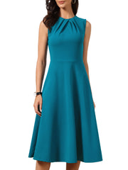 Pleated Crew Neck Sleevess Work A-Line Midi Dress