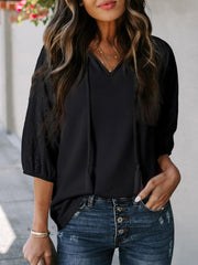 Solid Color V Neck 3/4 Sleeves Eyelet Blouse