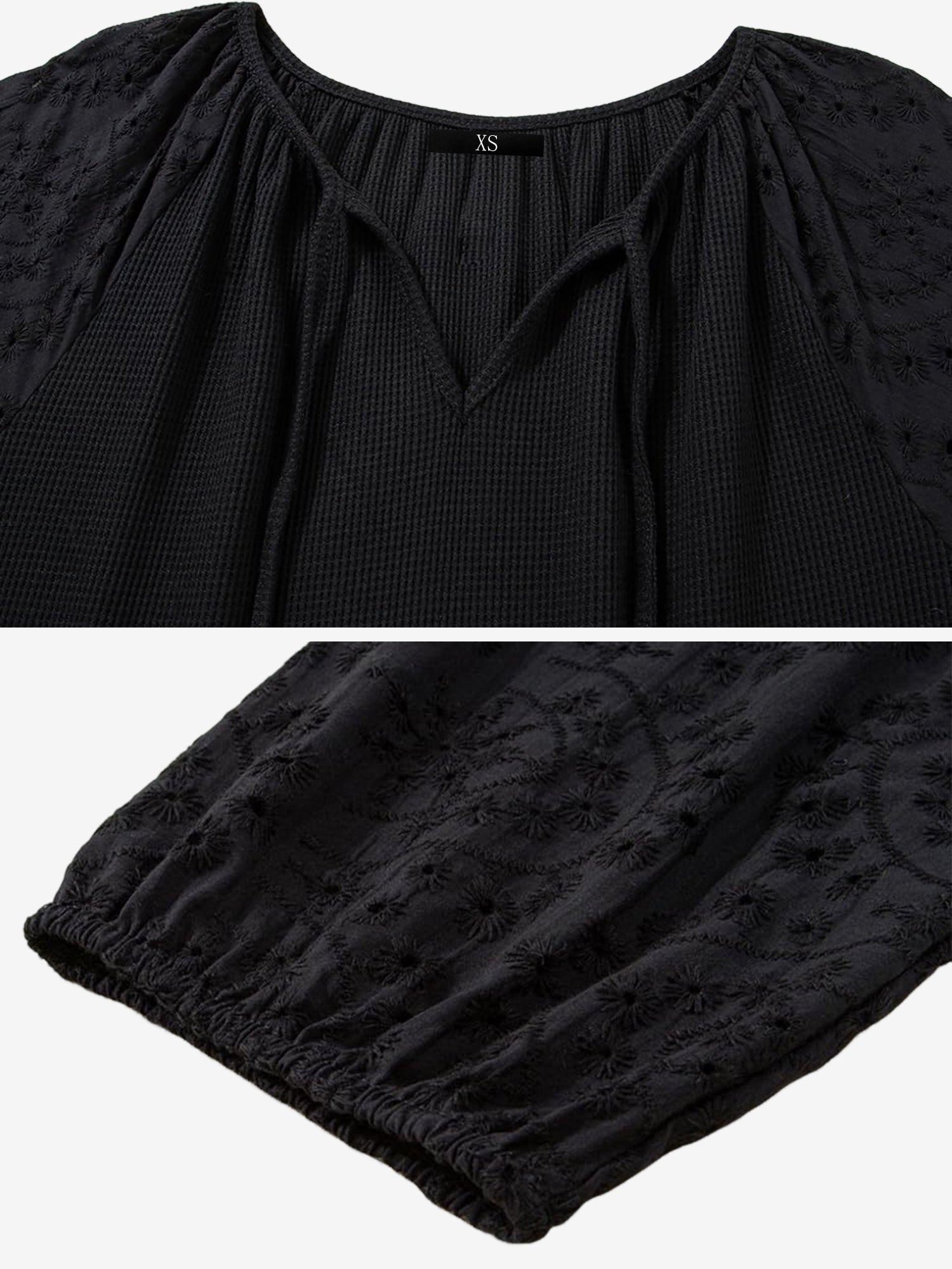 Solid Color V Neck 3/4 Sleeves Eyelet Blouse