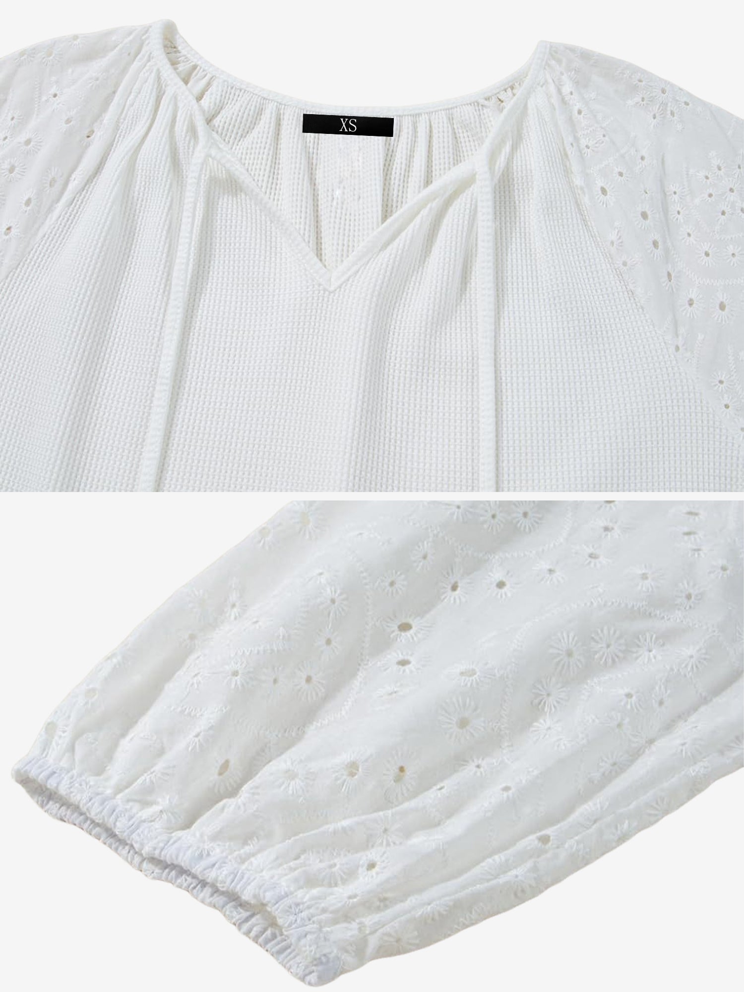 Solid Color V Neck 3/4 Sleeves Eyelet Blouse