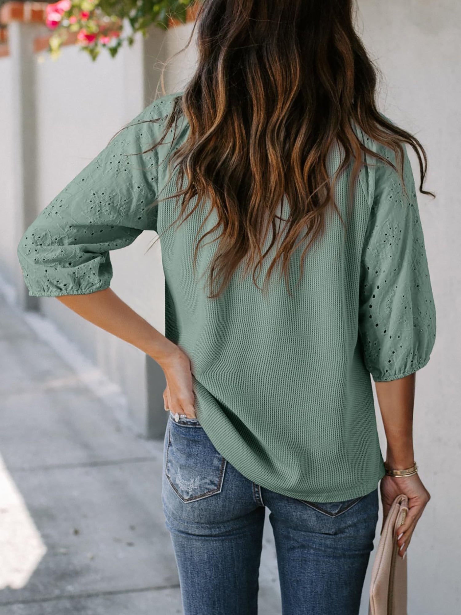 Solid Color V Neck 3/4 Sleeves Eyelet Blouse