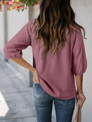 Solid Color V Neck 3/4 Sleeves Eyelet Blouse