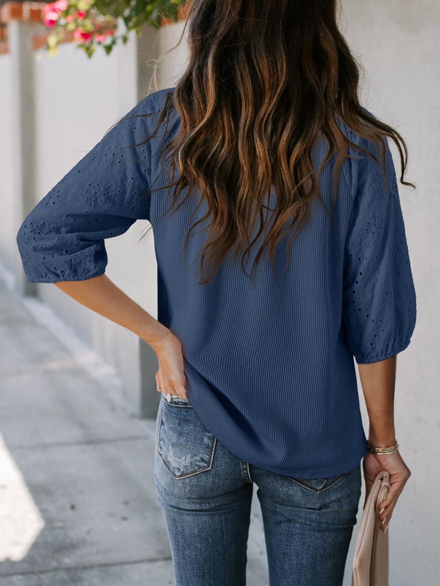 Solid Color V Neck 3/4 Sleeves Eyelet Blouse