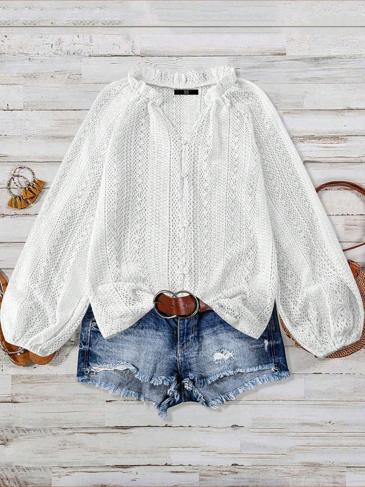 Solid Color Long Sleeves Knitted Sheer Crochet Blouse