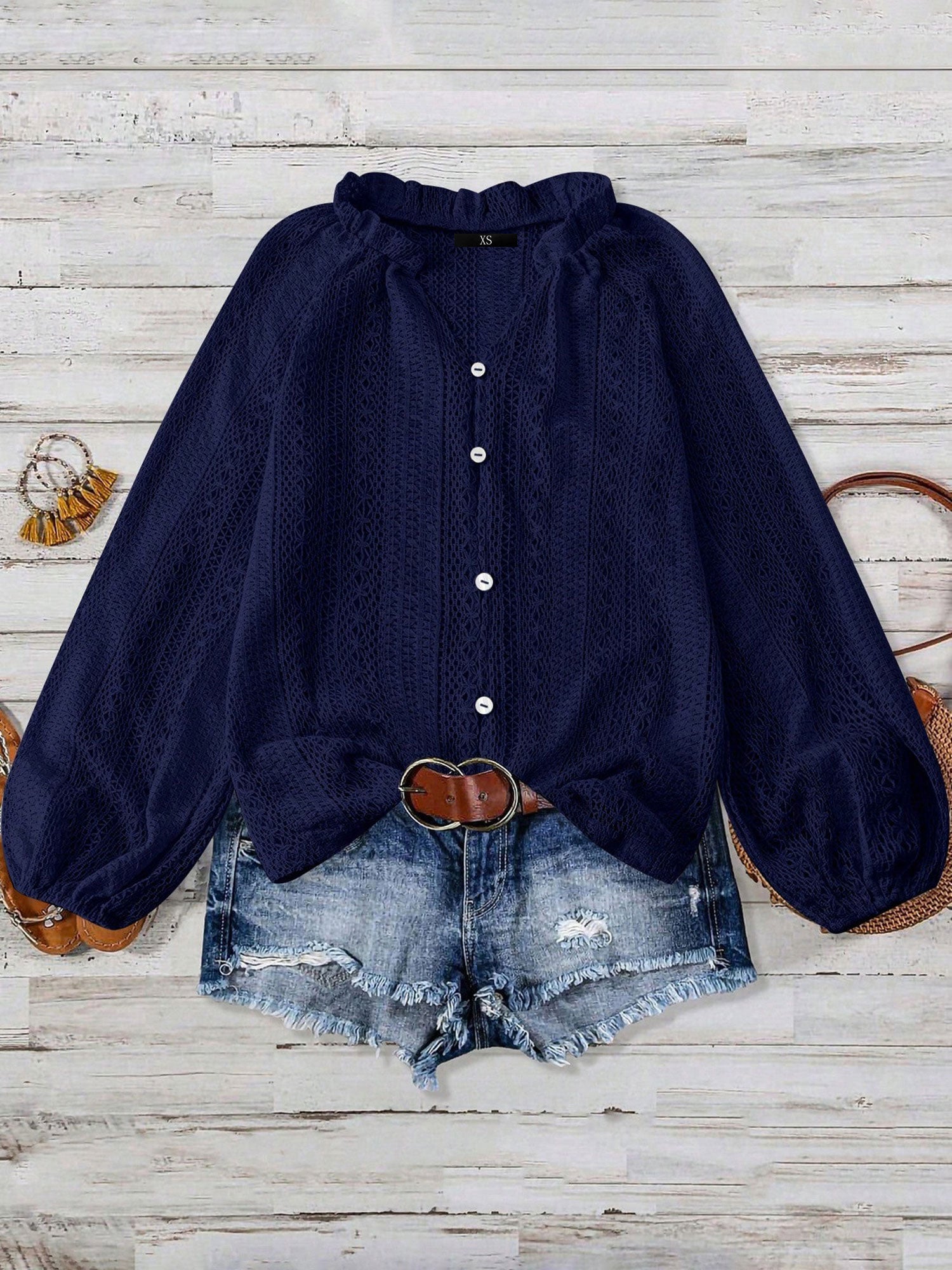 Solid Color Long Sleeves Knitted Sheer Crochet Blouse