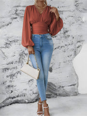 Ruched V Neck Puff Long Sleeves Smocked Casual Blouse