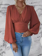 Ruched V Neck Puff Long Sleeves Smocked Casual Blouse