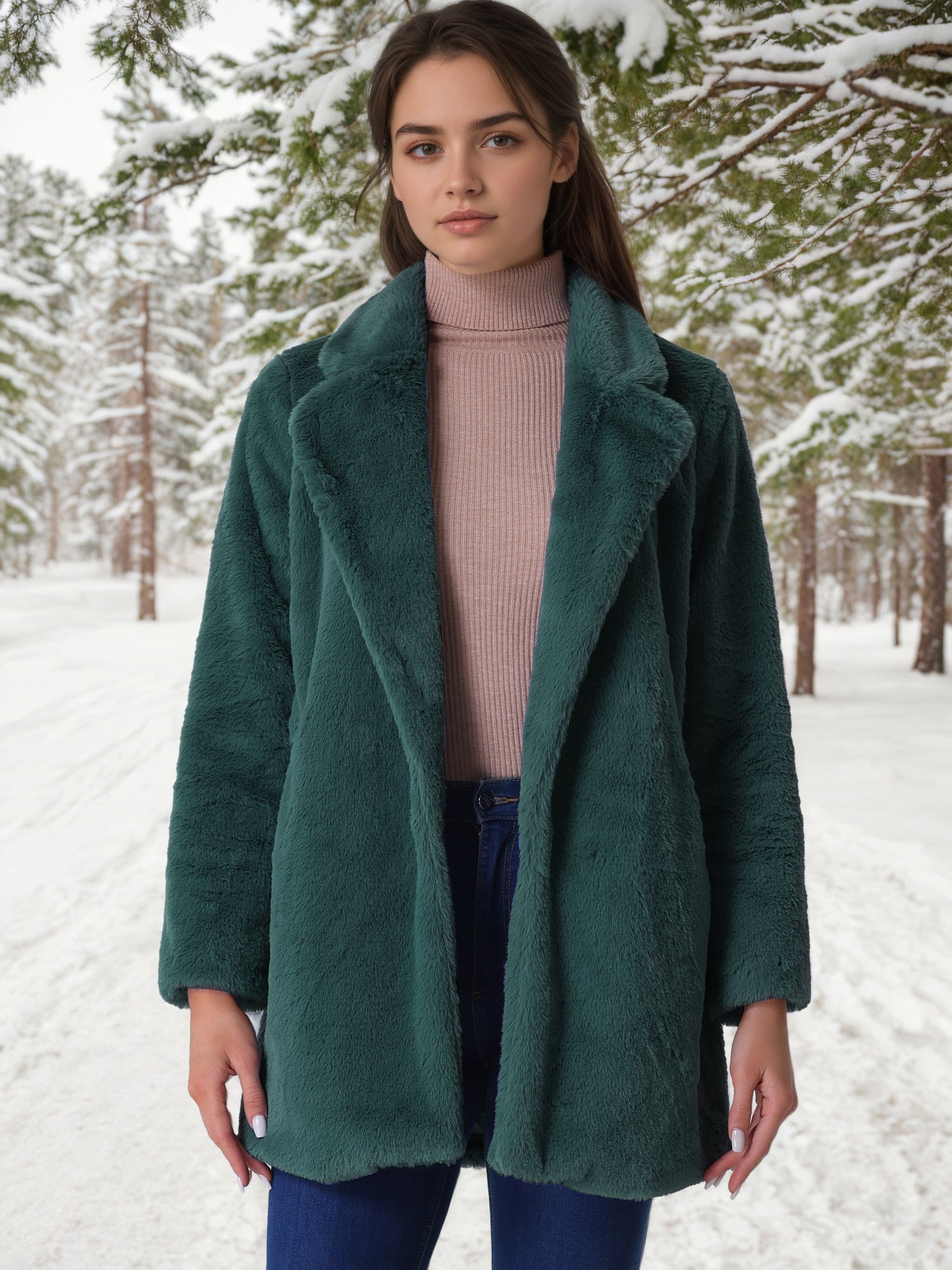 Lapel Collar Faux Fur Fuzzy Winter Warm Pockets Coat