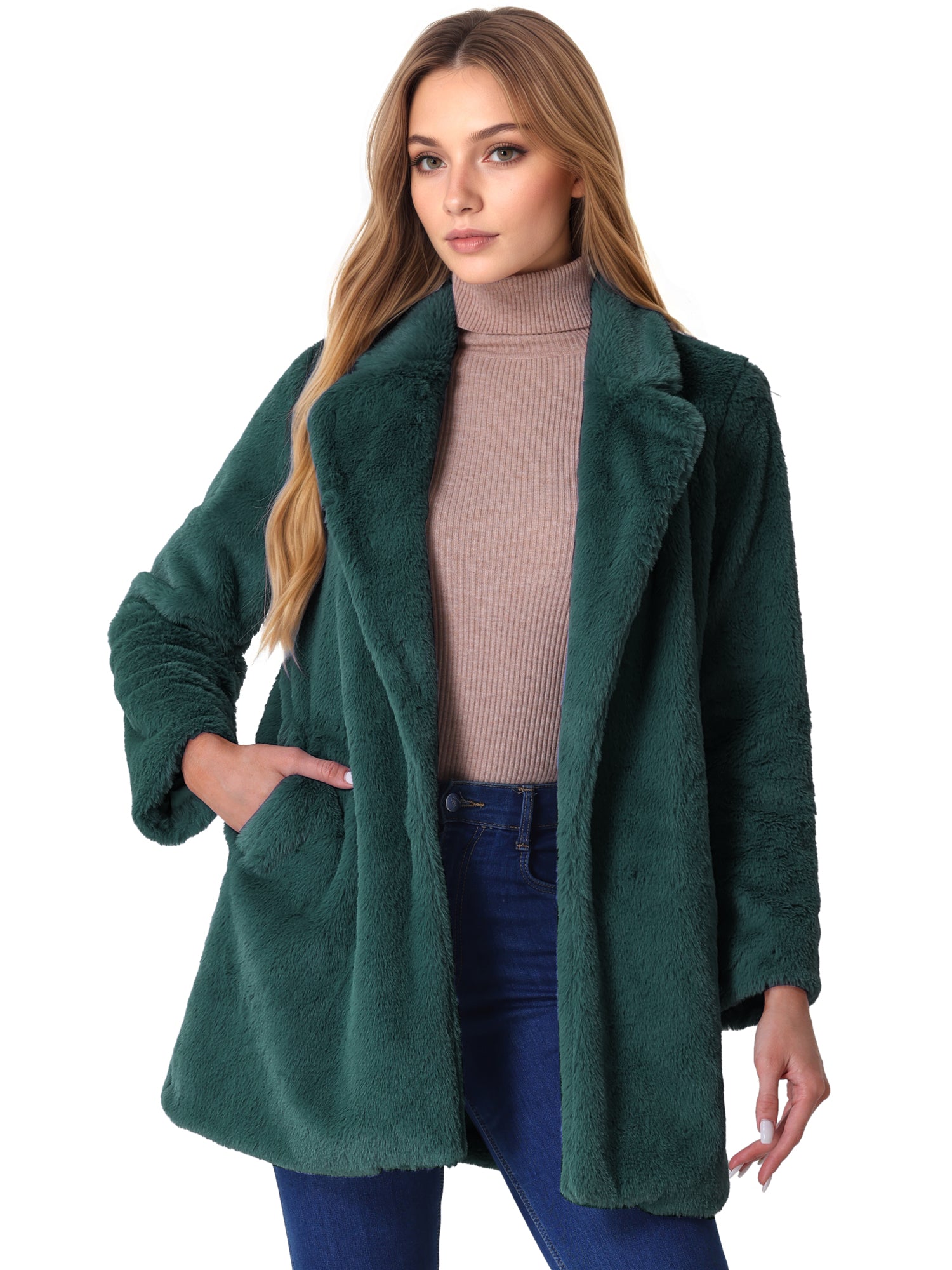 Lapel Collar Faux Fur Fuzzy Winter Warm Pockets Coat