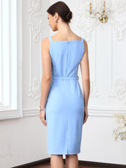 Sleeveless Square Neck Belted Formal Business Work Dress