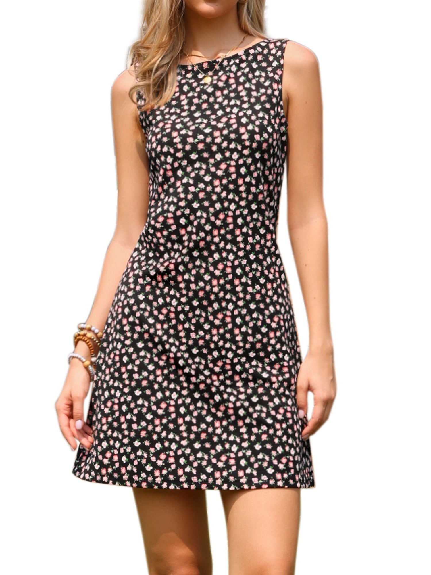 Floral Sleeveless Boat Neck A-Line Summer Mini Sundress