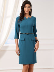 3/4 Sleeve Notch Neck Belted Business Office Sheath Dress