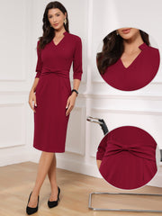 3/4 Sleeve Collared V Neck Business Office Sheath Dress