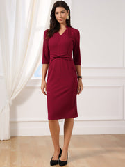3/4 Sleeve Collared V Neck Business Office Sheath Dress
