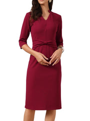 3/4 Sleeve Collared V Neck Business Office Sheath Dress