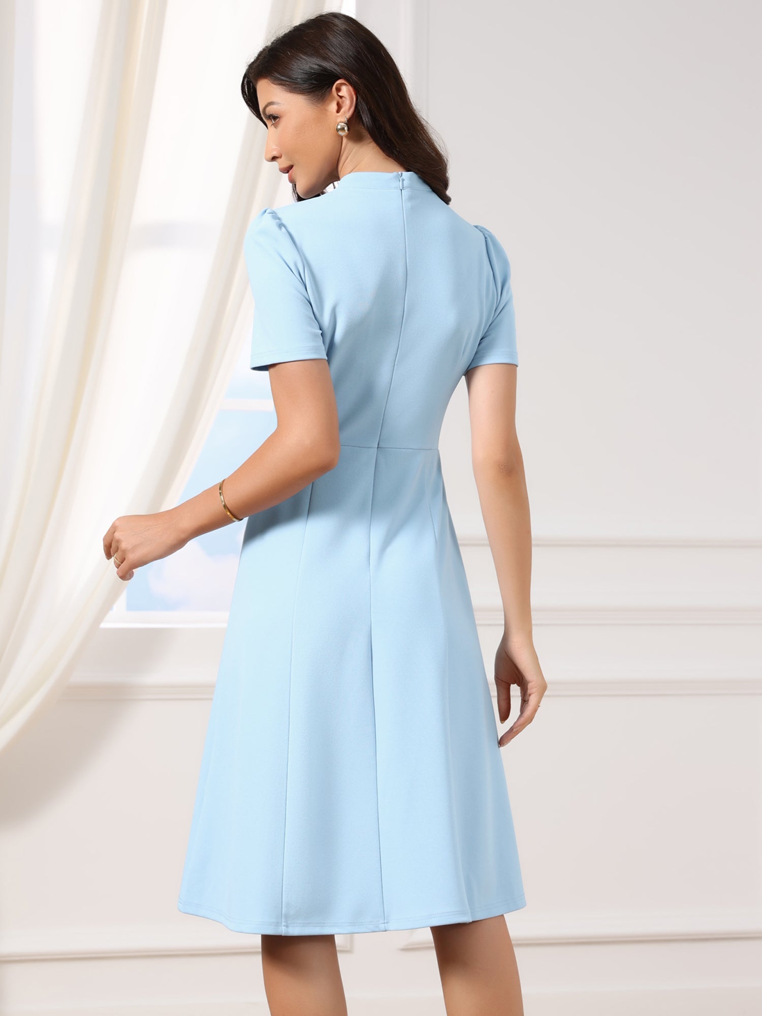 Short Sleeve V Neck Button Decro A-Line Business Casual Dress