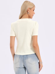 Button V Neck Casual Short Sleeve Ribbed Blouse