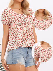 Floral Pleated Crew Neck Lightweight Short Sleeve Blouse